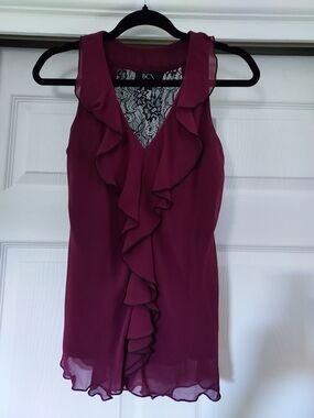 BCX Sleeveless Ruffle Front Blouse in Deep Berry